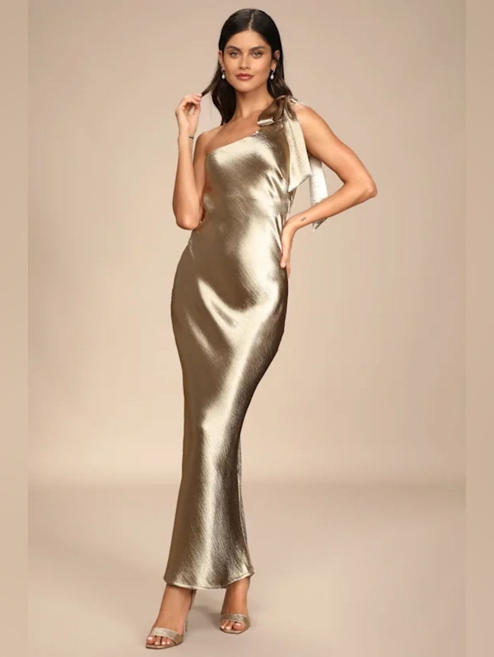 Lulu's Metallic Gold One-Shoulder Tie-Strap Gown